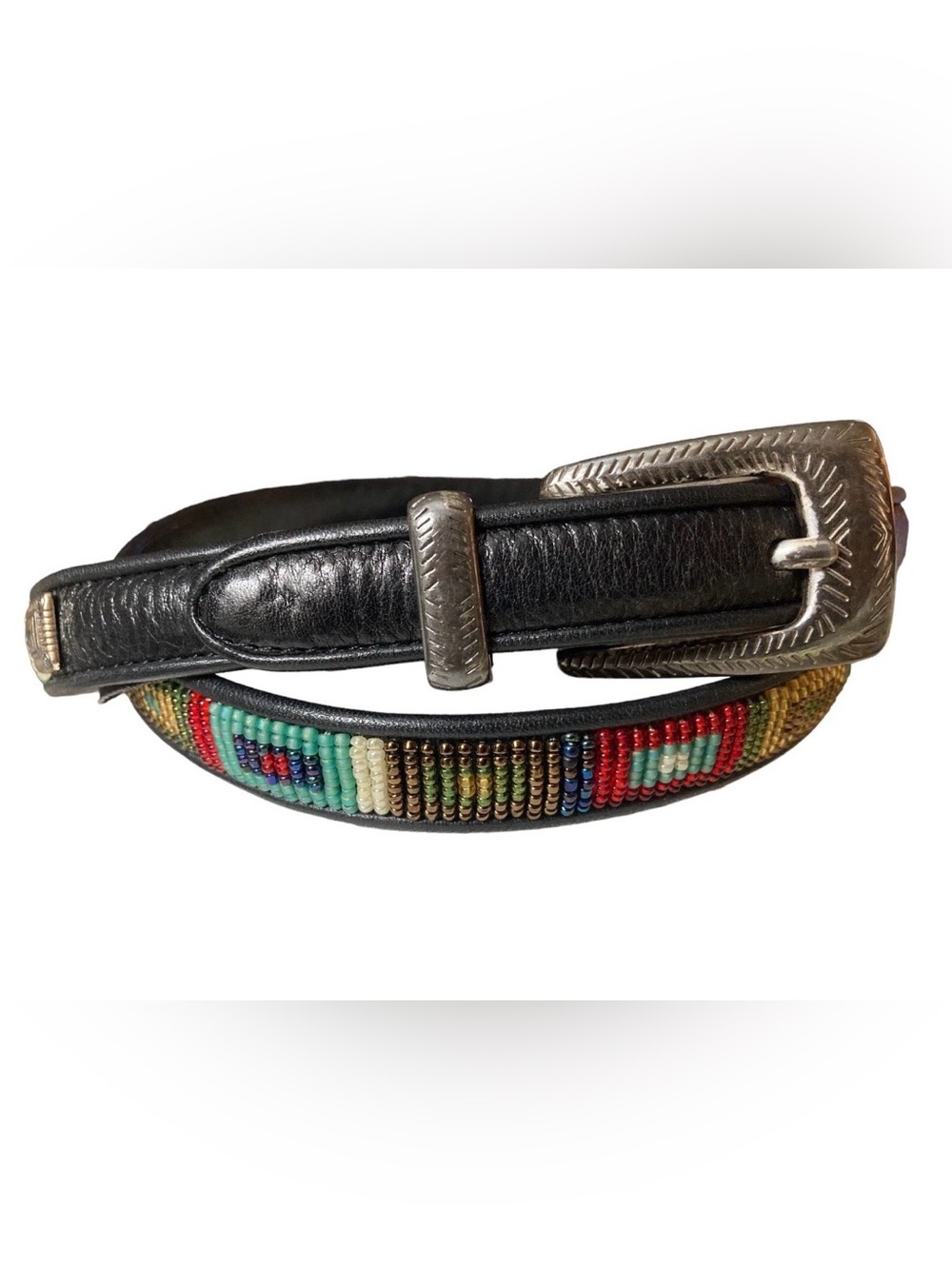 Vintage Brighton Western Beaded Leather Belt Southwestern Native Boho Aztec